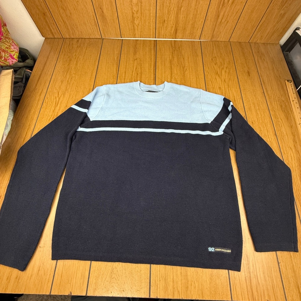 Abercrombie Fitch Mens Navy Blue Light Blue Stripe Crew Neck Sweater XL 92